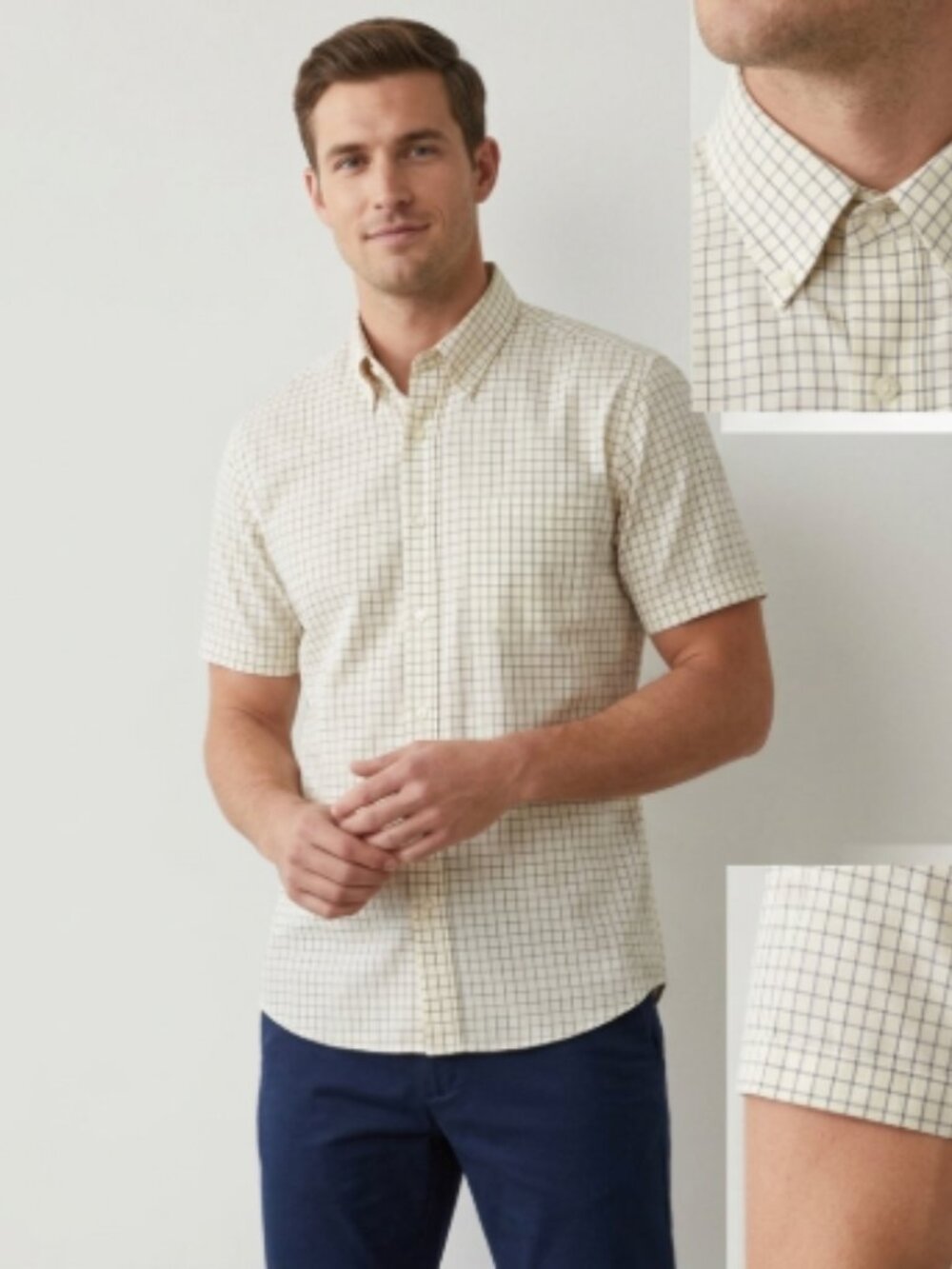 Arrow USA 1851 Men Small Cream Plaid Short Sleeve Button Down Shirt